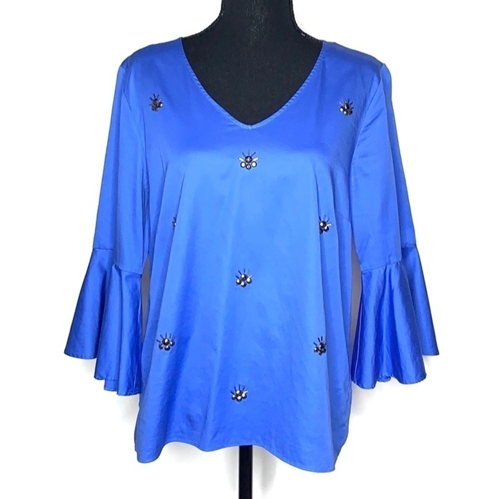 Anthropologie bell sleeve top Jane and Delancey Blue 3/4 Bell Sleeve Embellished